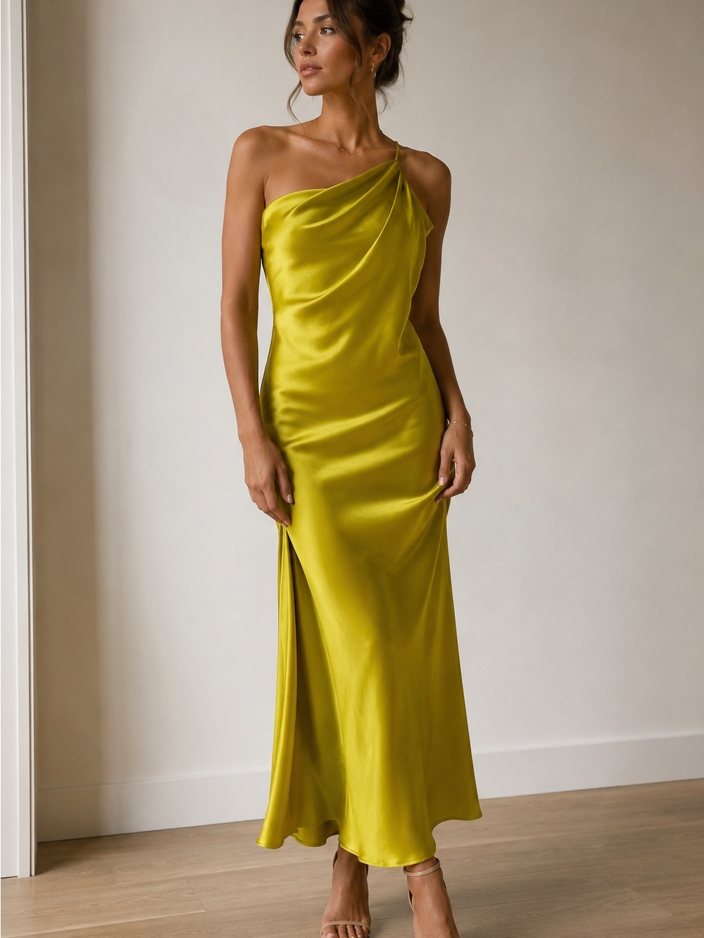 Nique One-Shoulder Satin Maxi Dress in Chartreuse
